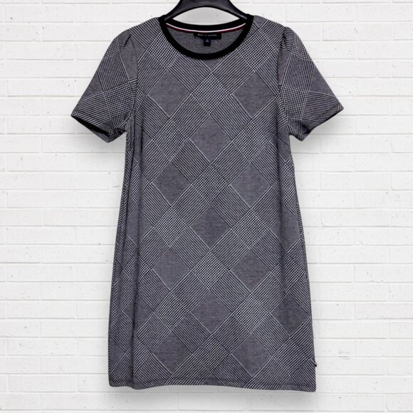 TOMMY HILFIGER Black/White Houndstooth Knit Short Sleeve Shift Dress Womens M - Picture 1 of 9